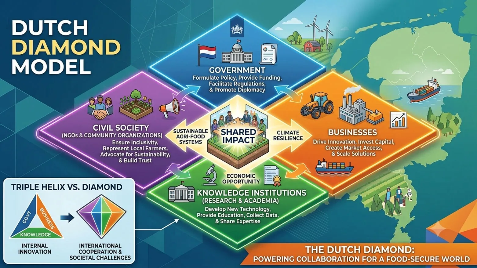 Diagram of the Dutch Diamond model: government, businesses, knowledge institutions and civil society working together for sustainable agri-food systems, climate resilience and economic opportunity