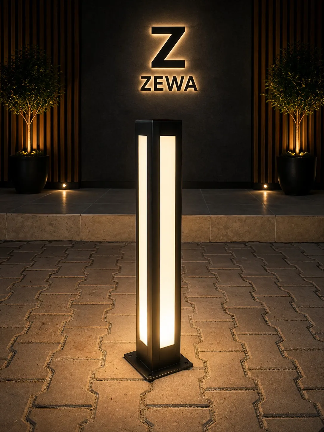 Light Column in a paved courtyard at night