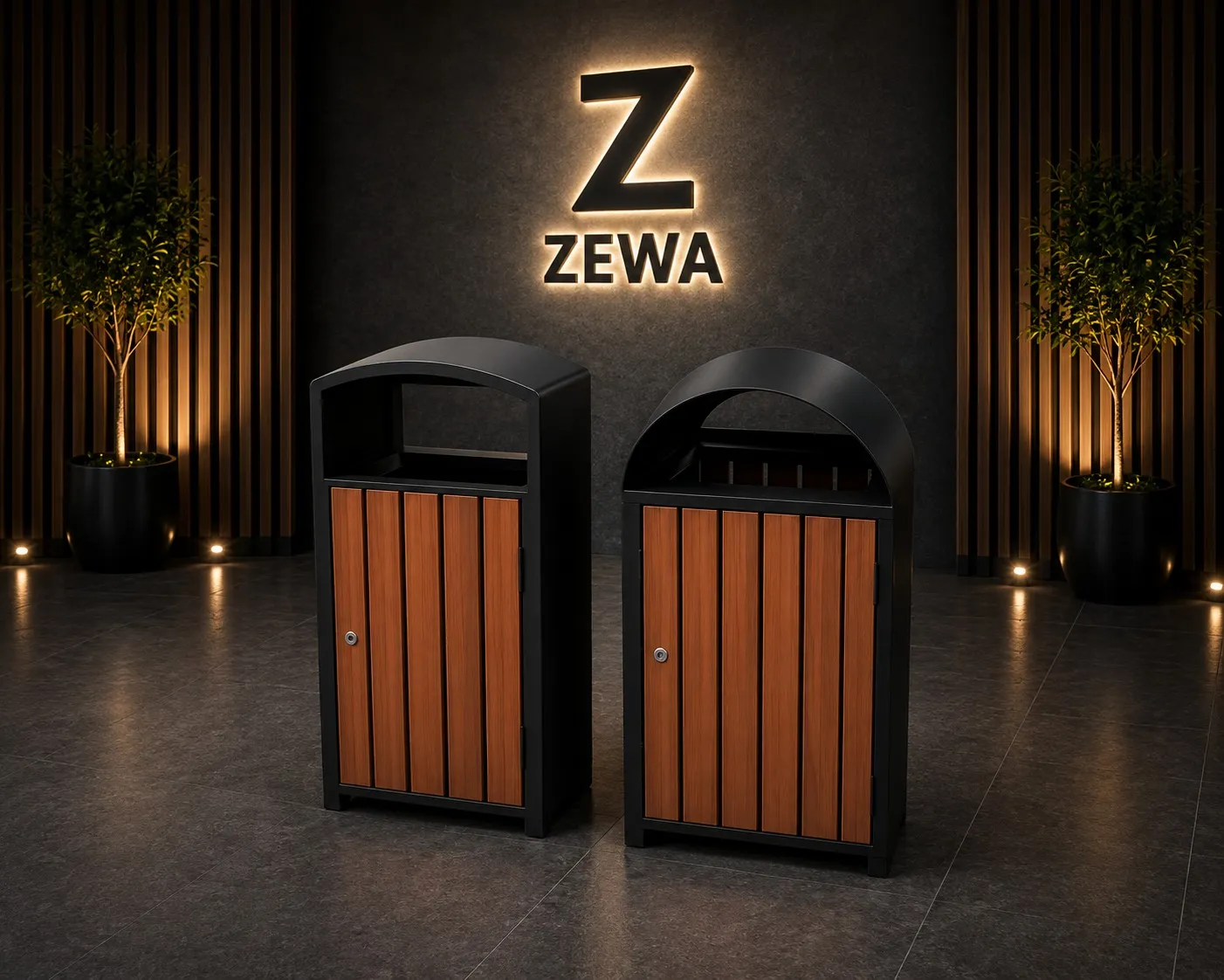 Two outdoor litter bins with timber-effect panels