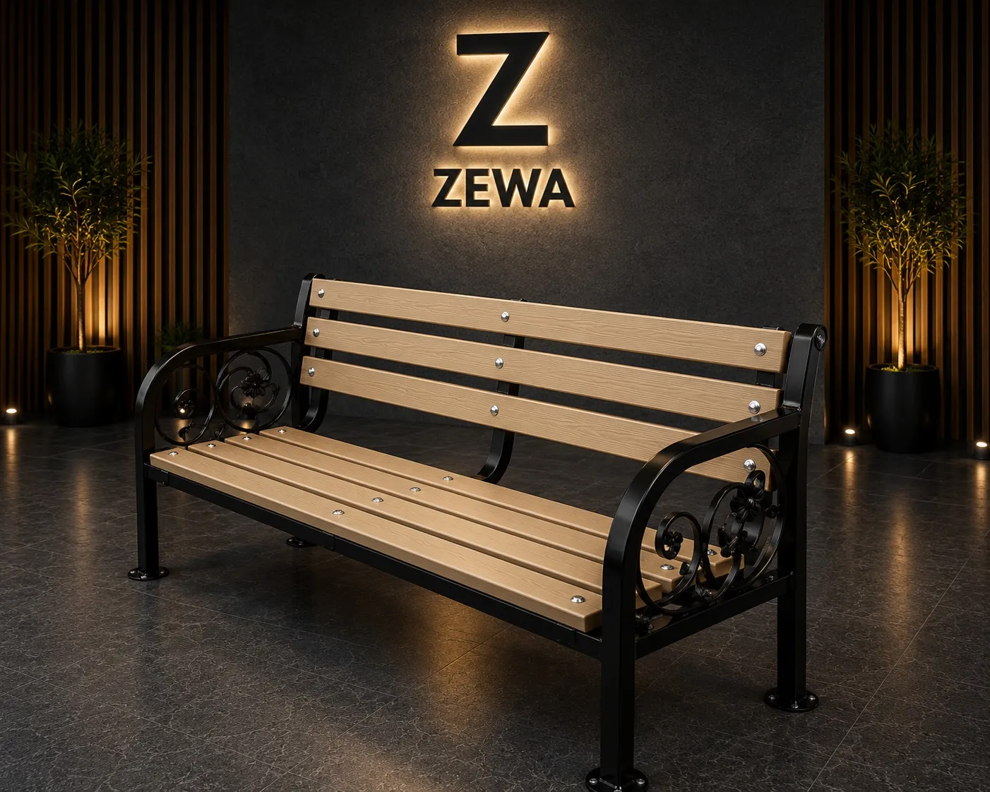 Park bench with decorative scrolled metal sides