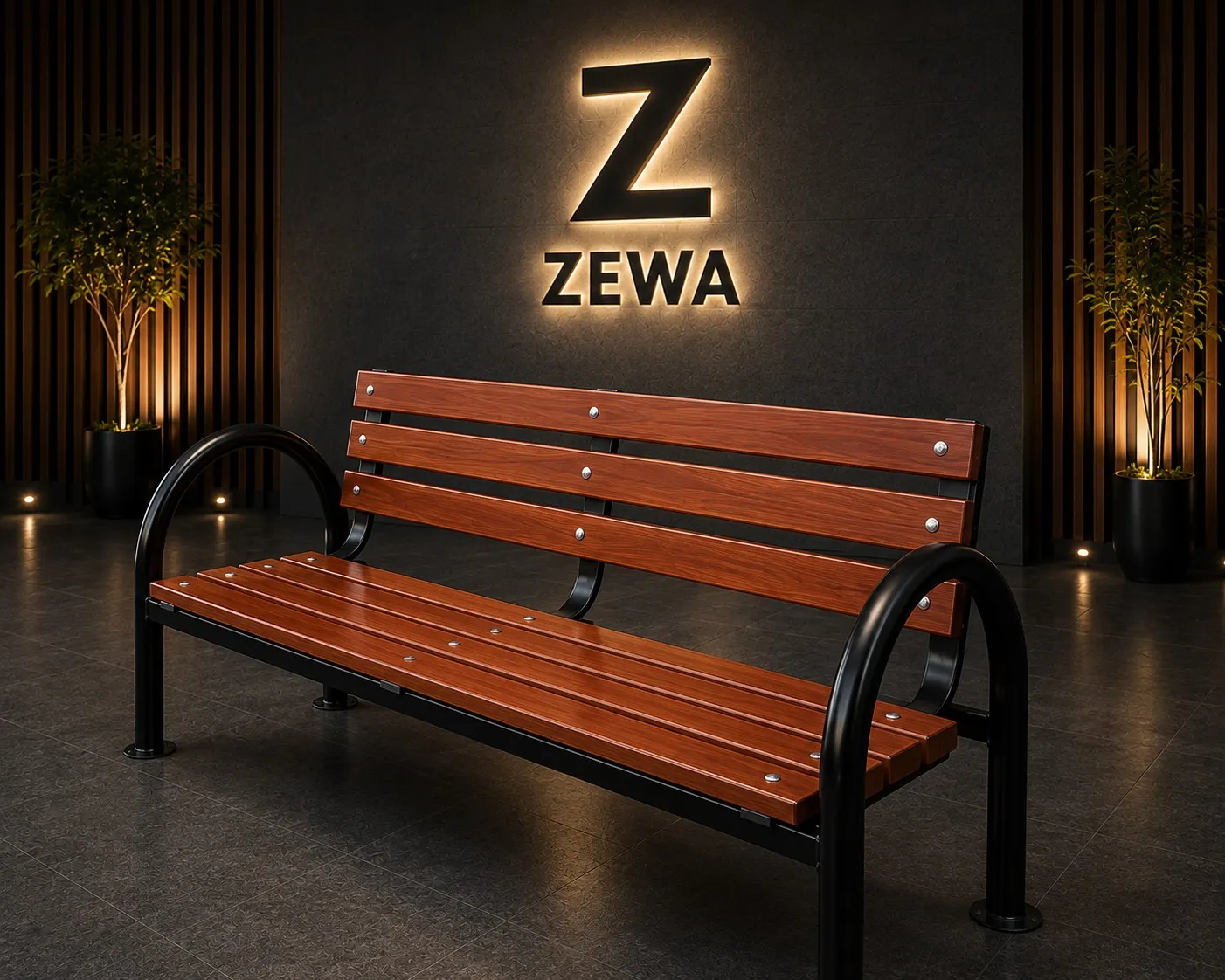 Park bench with a curved steel frame and timber slats