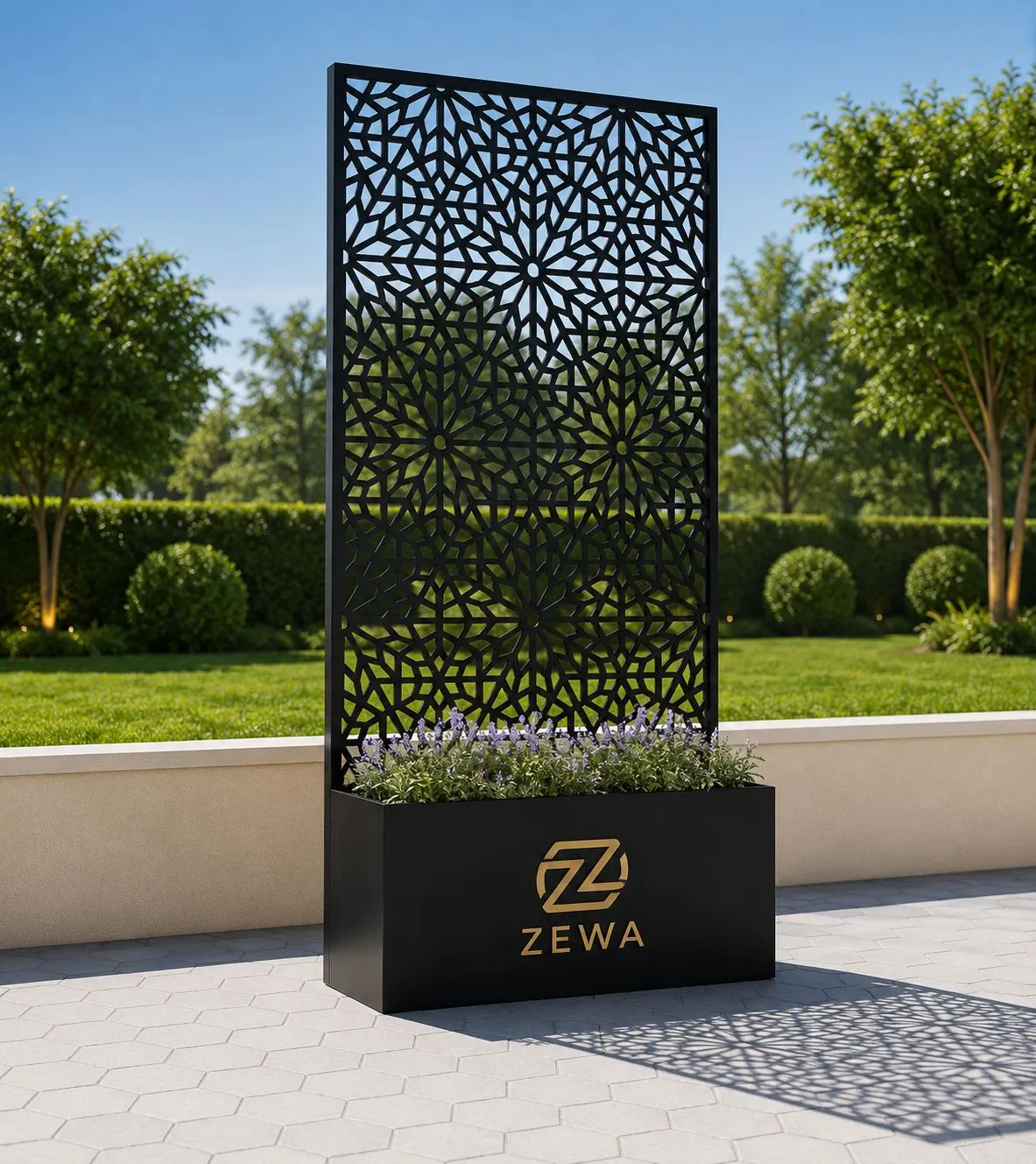 Tall laser-cut decorative screen above a planter