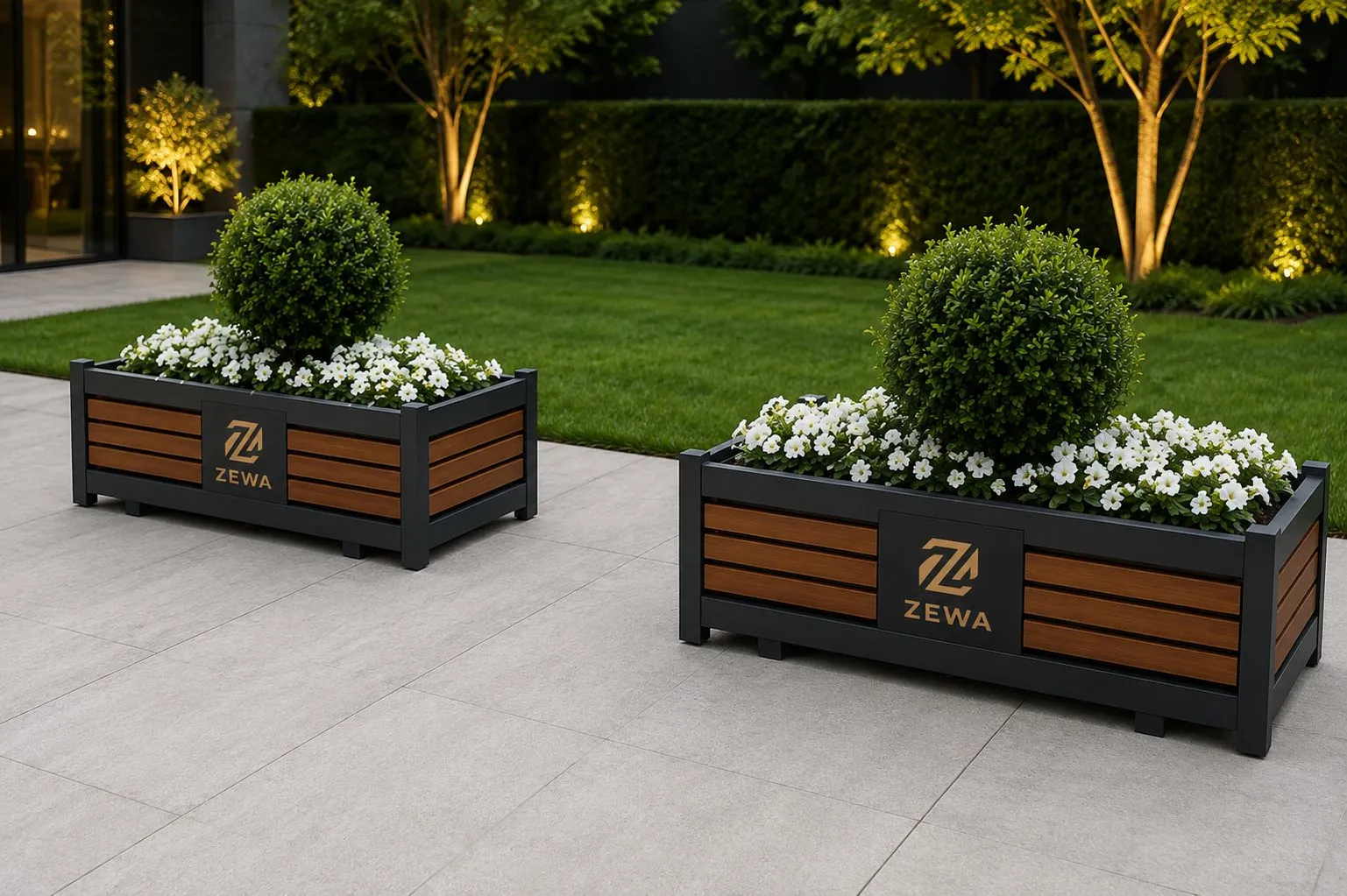 Pair of square timber-slat planters with topiary