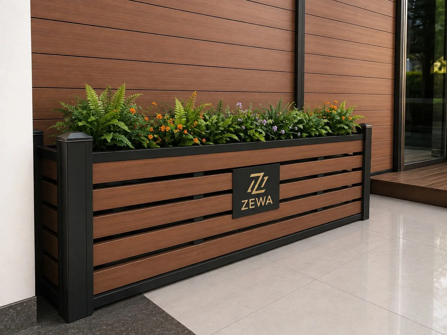 Long timber-slat planter with a steel frame