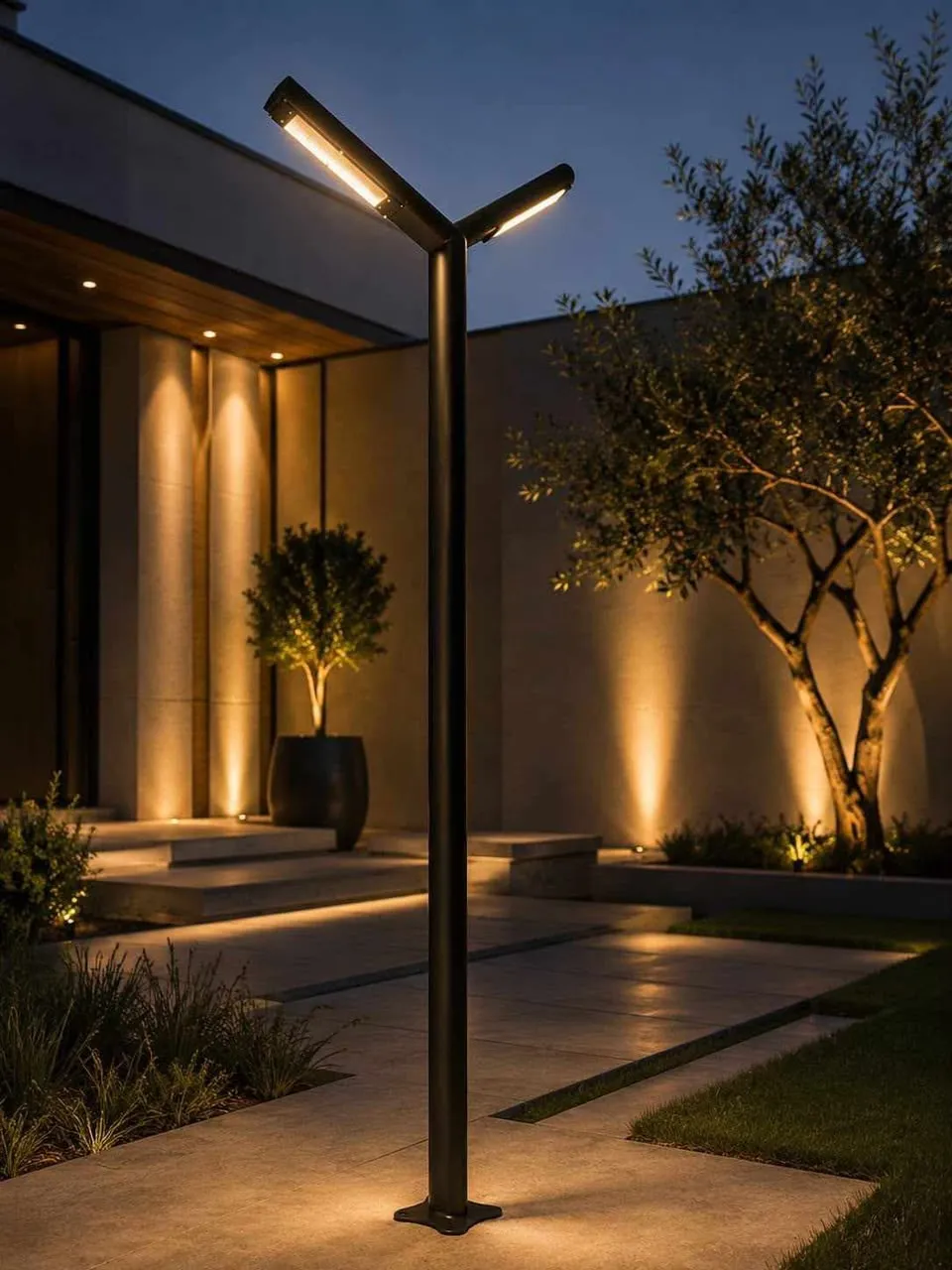 Post Light at a building entrance at night