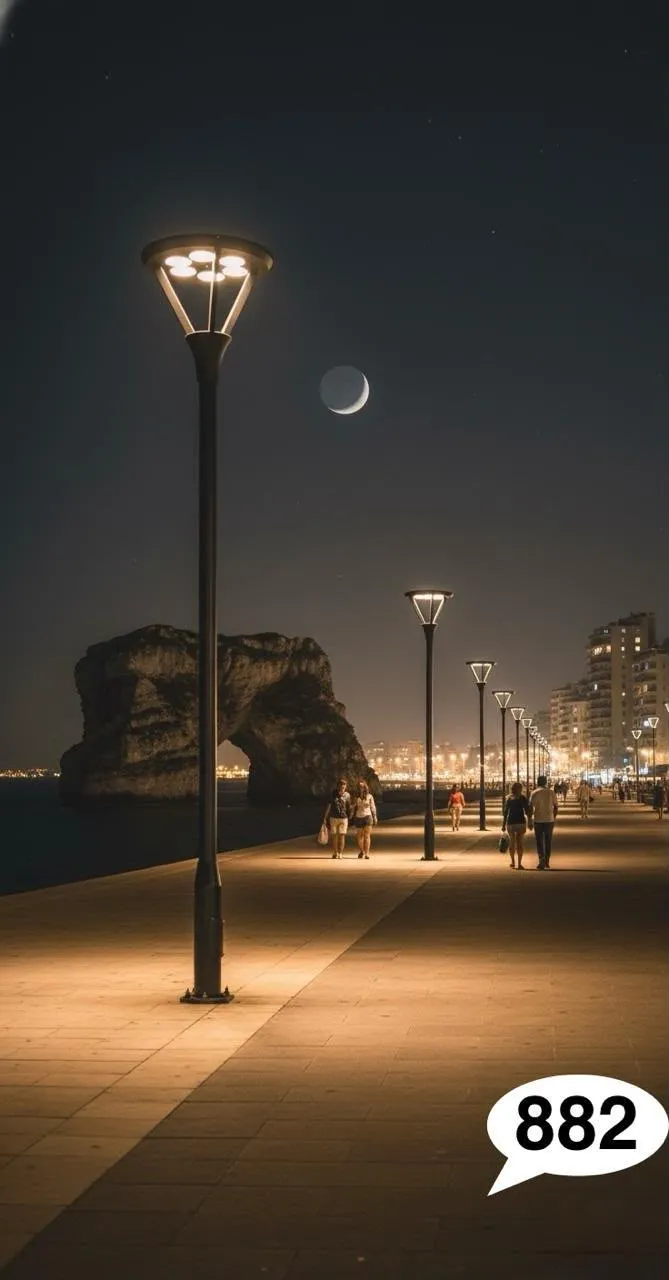 Park Light 882 along a waterfront promenade at night