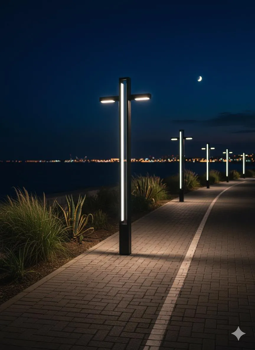 Promenade Light along a waterfront promenade at night